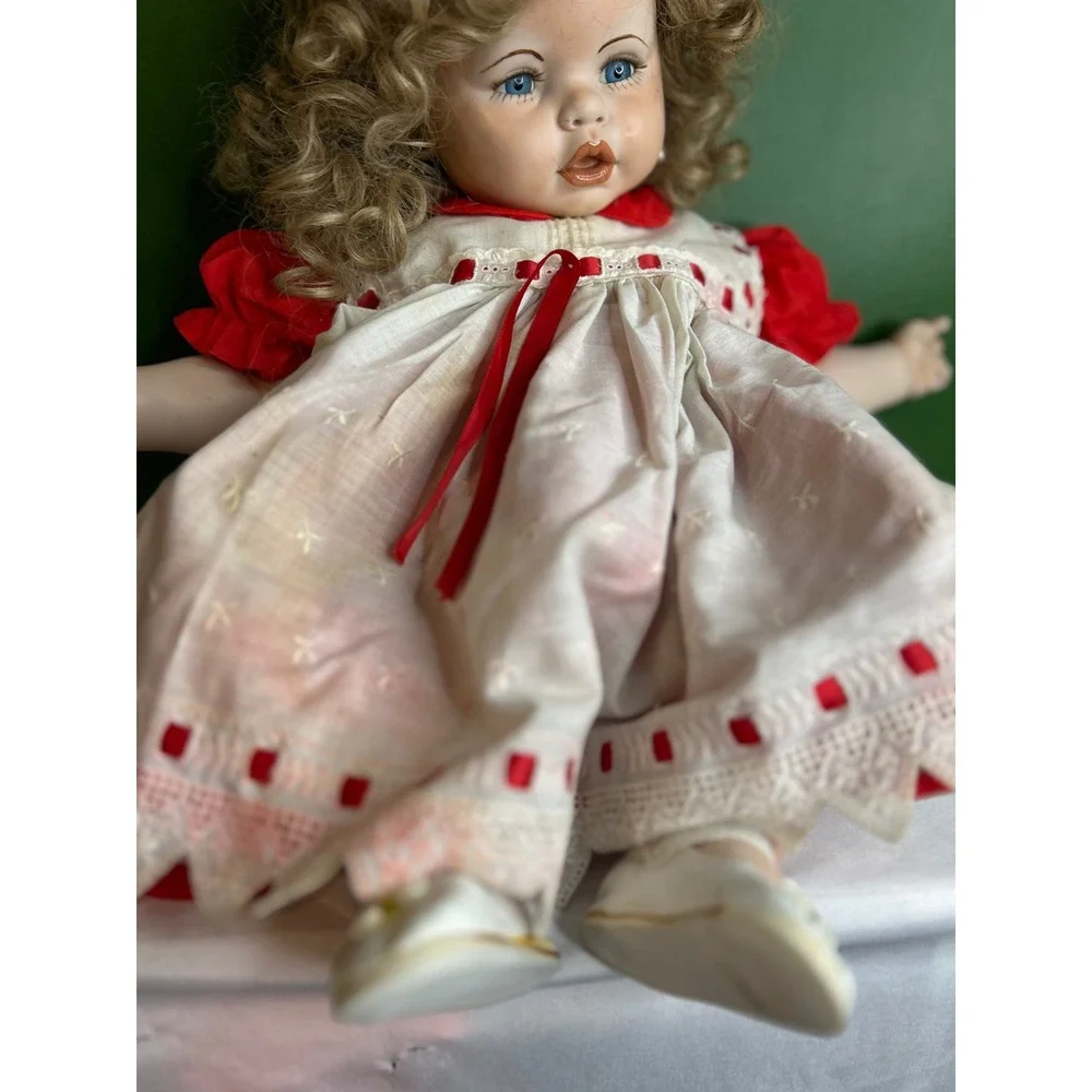 Vintage Porcelain Collector Doll Blonde Curly Hair Red White Lace Dress BlueEyes